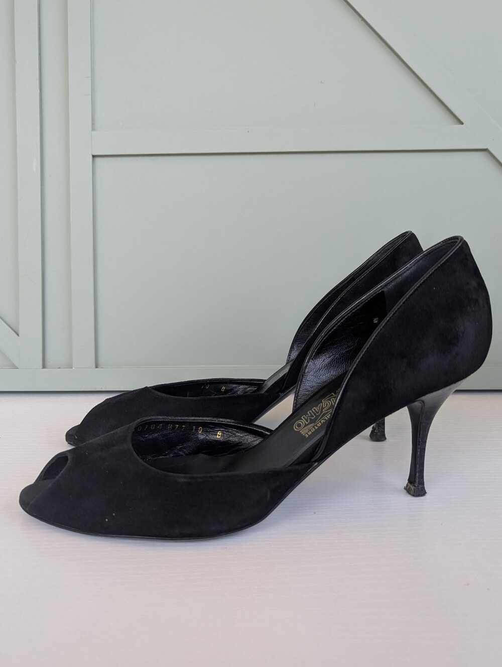 Salvatore Ferragamo Black Suede Peep-Toe Kitten Heels